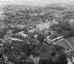 <b class=qtipBold><figcaption>St Albans Abbey EPW001253</figcaption></b><br>ST ALBAN'S ABBEY, Hertfordshire. Aerial view. This photograph of 1920 shows the abbey standing on the crest of the hill with the medieval and later town of St Albans beyond. The Norman abbey church is faced substantially with Roman brick quarried from the remains of the nearby Roman town of Verulamium. It is reputed to have been the site of continuous Christian worship since Roman times. Aerofilms Collection (see Links).<br><em>© Historic England</em> St Albans Abbey EPW001253