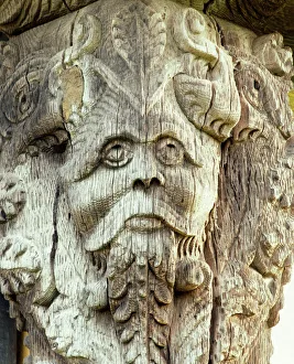 <b class=qtipBold><figcaption>Stokesay Castle K011396</figcaption></b><br>STOKESAY CASTLE, Shropshire. Detail of carved head on the 17th century gatehouse corner post.<br><em>© Historic England</em> Stokesay Castle K011396
