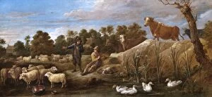 Tableux Gallery: Teniers - Landscape with two shepherds, cattle and ducks N070553