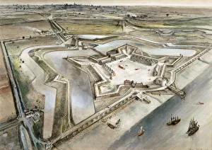 <b class=qtipBold><figcaption>Tilbury Fort J910014</figcaption></b><br>TILBURY FORT, Essex. An aerial reconstruction drawing by Alan Sorrell.<br><em>© Historic England</em> Tilbury Fort J910014
