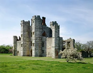 <b class=qtipBold><figcaption>Titchfield Abbey J910149</figcaption></b><br>TITCHFIELD ABBEY, Hampshire. View of the gatehouse from the South East. The ruins of a 13th century Premonstratensian abbey, later converted into a Tudor Mansion. The church was rebuilt as the grand turreted gatehouse.<br><em>© Historic England</em> Titchfield Abbey J910149