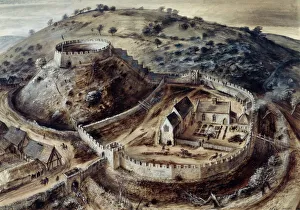 <b class=qtipBold><figcaption>Totnes Castle J940484</figcaption></b><br>TOTNES CASTLE, Devon. Reconstruction drawing by Alan Sorrell of the castle as it might have appeared in the 14th century.<br><em>© Historic England</em> Totnes Castle J940484