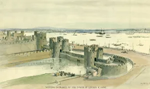 <b class=qtipBold><figcaption>Tower of London IC102_001</figcaption></b><br>Tower of London. Reconstruction drawing of the Western Entrance, c.1400. Artist Terry Ball. 1978.<br><em>© Historic England Archive</em> Tower of London IC102_001