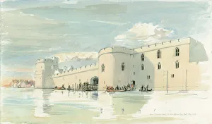 <b class=qtipBold><figcaption>Tower of London IC102_002</figcaption></b><br>Tower of London. Reconstruction drawing showing the south wall of the Tower of London, as it may have appeared after the river defences were strengthened under the reign of King Henry III in the thirteenth century. Artist Terry Ball. 1992.<br><em>© Historic England Archive</em> Tower of London IC102_002