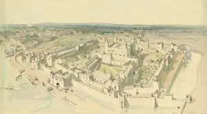 <b class=qtipBold><figcaption>Tower of London IC102_006</figcaption></b><br>Tower of London. Reconstruction drawing giving an aerial view of the Tower of London, as seen from the south-east and as it may have appeared in circa 1400. Artist Terry Ball. 1978.<br><em>© Historic England Archive</em> Tower of London IC102_006