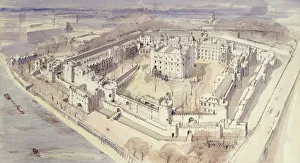<b class=qtipBold><figcaption>Tower of London J920328</figcaption></b><br>TOWER OF LONDON. Aerial reconstruction drawing. Tower of London, late twentieth century by Terry Ball (English Heritage Graphics Team).<br><em>© Historic England</em> Tower of London J920328