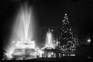 <b class=qtipBold><figcaption>Trafalgar Square SAM01_03_0001</figcaption></b><br>Fountains and the Christmas tree in Trafalgar Square, London. The Trafalgar Square Christmas tree has been donated by the people of Oslo, Norway to the people of Britain each year since 1947. It is usually on display from the beginning of December until 6th January. Photographed in December 1948 by Julian J Samuels.<br><em>© Historic England Archive</em> Trafalgar Square SAM01_03_0001