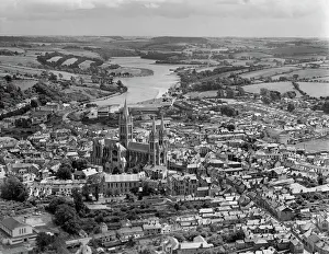 <b class=qtipBold><figcaption>Truro EAR007243</figcaption></b><br>Truro and Cathedral, Cornwall. The Gothic Revival Cathedral was begun in the 1880s. Aerial view by Aeropictorial. Aerofilms Collection. July 1946.<br><em>© Historic England</em> Truro EAR007243