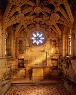 <b class=qtipBold><figcaption>Tynemouth Priory J920782</figcaption></b><br>TYNEMOUTH PRIORY, Tyne and Wear. Interior of the Percy Chantry showing vaulted ceiling, rose window and altar.<br><em>© John Critchley</em> Tynemouth Priory J920782