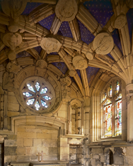 <b class=qtipBold><figcaption>Tynemouth Priory J920783</figcaption></b><br>TYNEMOUTH PRIORY, Tyne and Wear. Interior view of the Percy Chantry showing the vaulted ceiling, rose window and stained glass window.<br><em>© John Critchley</em> Tynemouth Priory J920783