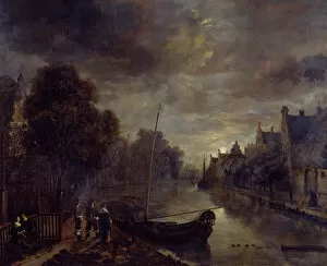 Paintings outside London Gallery: Van Der Neer - Canal in a Dutch Town by Moonlight J950099