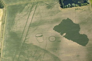 <b class=qtipBold><figcaption>Warborough Cursus 27803_025</figcaption></b><br>Warborough cursus, Oxfordshire. aerial view showing a range of cropmarks, including the parallel lines indicative of the cursus ditches, ring-ditches, enclosures and other features. SU5994/64.<br><em>© Historic England</em> Warborough Cursus 27803_025