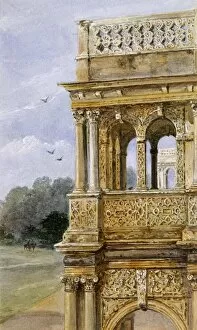 Architectural compositions Collection: Watercolour of the South porch, Audley End House K991259