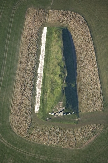 <b class=qtipBold><figcaption>West Kennet Long Barrow N071891</figcaption></b><br>WEST KENNET LONG BARROW, AVEBURY, Wiltshire. Aerial view showing the standing stones outside the entrance.<br><em>© Historic England</em> West Kennet Long Barrow N071891