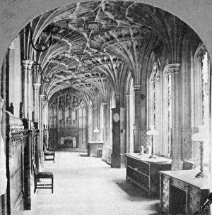 <b class=qtipBold><figcaption>Westminster Palace BB91_14810</figcaption></b><br>OLD ST STEPHEN'S CLOISTER, Palace of Westminster, London. St Stephen's Cloister was part of the old Palace of Westminster, and dates from 1526-9. The vaulted roof of the lower walk (seen here) contains the arms and symbols of Henry VIII and Catherine of Aragon. It was intergrated into the new Houses of Parliament by Charles Barry in 1836 onward. Today the lower walk is a cloakroom. Photographed around 1900. Howarth-Loomes Collection.<br><em>© Historic England</em> Westminster Palace BB91_14810