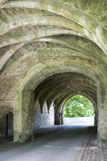 <b class=qtipBold><figcaption>Whalley Abbey Gatehouse N100174</figcaption></b><br>WHALLEY ABBEY GATEHOUSE, Lancashire. Interior view of the 14th century Gatehouse showing the vaulted ceiling.<br><em>© Historic England</em> Whalley Abbey Gatehouse N100174