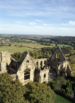 <b class=qtipBold><figcaption>Wingfield Manor K031076</figcaption></b><br>WINGFIELD MANOR, Derbyshire. View of the manor from the High Tower with countryside beyond. Medieval manor built 1440s. Mary, Queen of Scots was imprisoned here in 1569, 1584 and 1585.<br><em>© Historic England</em> Wingfield Manor K031076