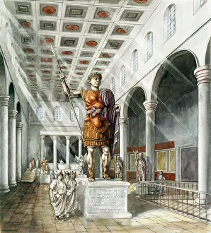 <b class=qtipBold><figcaption>York Roman Basilica J960245</figcaption></b><br>YORK ROMAN BASILICA, Yorkshire. Reconstruction drawing by Peter Dunn (English Heritage Graphics Team).<br><em>© Historic England</em> York Roman Basilica J960245