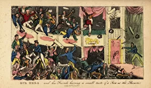 Blarney Collection: An audience rioting in the stalls in a Dublin theatre, 1821