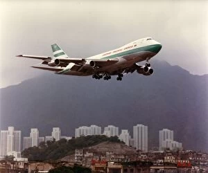 Boeing 747 of Cathay Pacific over Kai Tak Airport, Hong Kong