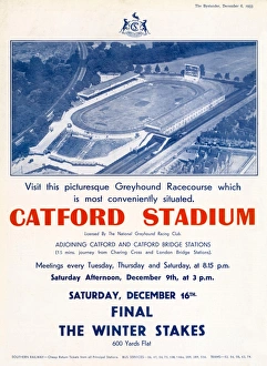 <b class=qtipBold><figcaption>Catford Stadium Advertisement</figcaption></b><br>Advert for Catford greyhound stadium in Catford, South East London, which opened its doors in July 1932 and has been hosting greyhound races ever since, showing an aerial view of the stadium.<br><em>© Mary Evans Picture Library 2015 - https://copyrighthub.org/s0/hub1/creation/maryevans/MaryEvansPictureID/10237410</em> Catford Stadium Advertisement
