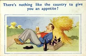 Enjoying Gallery: Comic postcard, Man enjoying a drink or two in the countryside Date: 20th century