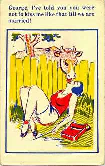 Enjoying Collection: Comic postcard, Pretty young woman and cow Date: 20th century
