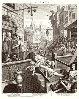 <b class=qtipBold><figcaption>Drinking/Intemperance</figcaption></b><br>Political print of Gin Lane supporting a ministerial measure against the unlimited sale of gin. The pawnbrokers, gin cellar and distillery are now flourishing.<br><em>© Mary Evans Picture Library 2015 - https://copyrighthub.org/s0/hub1/creation/maryevans/MaryEvansPictureID/10009257</em> Drinking/Intemperance