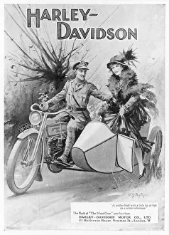 <b class=qtipBold><figcaption>Harley Davidson 1915</figcaption></b><br>An advertisement for Harley- Davidson, showing a soldier taking his lady friend for a ride.<br><em>© Mary Evans Picture Library 2015 - https://copyrighthub.org/s0/hub1/creation/maryevans/MaryEvansPictureID/10048227</em> Harley Davidson 1915