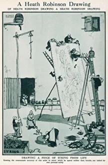 <b class=qtipBold><figcaption>A Heath Robinson drawing</figcaption></b><br>Cartoon, A Heath Robinson drawing of Heath Robinson drawing a Heath Robinson drawing. Drawing a piece of string from life. Please note: Credit must appear as Courtesy of the Estate of Mrs J.C.Robinson/Pollinger Ltd/ILN/Mary Evan"<br><em>© Mary Evans Picture Library 2015 - https://copyrighthub.org/s0/hub1/creation/maryevans/MaryEvansPictureID/10236154</em> A Heath Robinson drawing