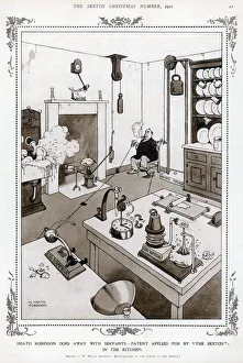 <b class=qtipBold><figcaption>Heath Robinson Kitchen 3 of 4</figcaption></b><br>Heath Robinson Does Away with Servants - Patent Applied for by "The Sketch" in the Kitchen. A busy Kitchen, which is a typically Heath Robinson design, with a system of pulleys, levers and machinery allowing just one man to peel and mash potatoes, whisk eggs, roast a chicken, wash the plates, roll pasrty, and toast bread, all at once, sitting down. and still be able to smoke a cigar, and no need for servants. Even the pendulum of the clock serves as a handy turnip peeler. Please note: Credit must appear as Courtesy of the Estate of Mrs J.C.Robinson/Pollinger Ltd/ILN/Mary Evan"<br><em>© Mary Evans Picture Library 2015 - https://copyrighthub.org/s0/hub1/creation/maryevans/MaryEvansPictureID/10297576</em> Heath Robinson Kitchen 3 of 4