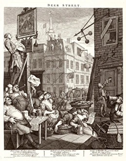 <b class=qtipBold><figcaption>Hogarth, Beer Street</figcaption></b><br>Hogarth, Beer Street. A political print supporting a ministerial measure against the unlimited sale of gin. A scene of London life in which happy and healthy tradesmen, craftsmen and others thrive on a national beverage.<br><em>© Mary Evans Picture Library 2015 - https://copyrighthub.org/s0/hub1/creation/maryevans/MaryEvansPictureID/10007287</em> Hogarth, Beer Street