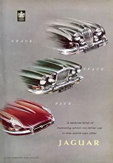 <b class=qtipBold><figcaption>Jaguar car advertisement</figcaption></b><br>Advertisement for Jaguar cars showing the bonnet and grill of three different models offering 'grace, space and pace' and 'a special kind of motoring which no other car in the world can offer'.<br><em>© Mary Evans Picture Library 2015 - https://copyrighthub.org/s0/hub1/creation/maryevans/MaryEvansPictureID/10435189</em> Jaguar car advertisement