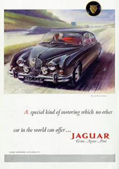 <b class=qtipBold><figcaption>Jaguar car advertisement</figcaption></b><br>Advertisement for Jaguar cars featuring an illustration of the 3.4 Mark 2 Saloon being driven down the motorway by its proud owner who relishes the 'grace, pace and space'.<br><em>© Mary Evans Picture Library 2015 - https://copyrighthub.org/s0/hub1/creation/maryevans/MaryEvansPictureID/10435185</em> Jaguar car advertisement