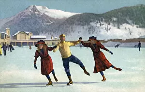 Enjoying Collection: A Jolly Trio of Swiss Ice Skaters enjoying a spin on the rink. Date: 1908
