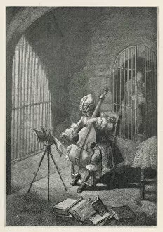 Twin Gallery: Man in the Iron Mask, playing the cello in prison