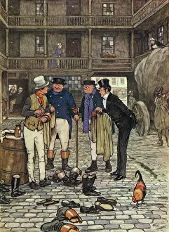 <b class=qtipBold><figcaption>Pickwick Club</figcaption></b><br>Sam at The White Hart, From The posthumous papers of the Pickwick club, by Charles Dickens, Illustrated by Cecil Aldin (1870-1935),, Date: 1910<br><em>© Mary Evans Picture Library 2015 - https://copyrighthub.org/s0/hub1/creation/maryevans/MaryEvansPictureID/10428024</em> Pickwick Club