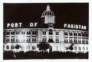 Port of Pakistan building at night, Karachi, Pakistan