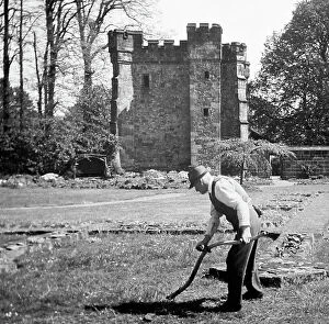 Gatehouse Collection: Scything grass, Whalley Abbey Gatehouse