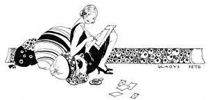 Seated Gallery: Stylish young lady writing a letter sitting on cushions
