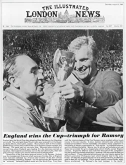 <b class=qtipBold><figcaption>World Cup 1966 Front Cover</figcaption></b><br>Front cover of The Illustrated London News. Victory for the England football team. Bobby Moore passing the World Cup trophy to team manager, Alf Ramsey following the team's victory over Germany in July 1966.<br><em>© Mary Evans Picture Library 2015 - https://copyrighthub.org/s0/hub1/creation/maryevans/MaryEvansPictureID/10223137</em> World Cup 1966 Front Cover
