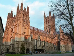 Canterbury Cathedral, UNESCO World Heritage Site, with nativity diorama at dusk, Canterbury, Kent, England