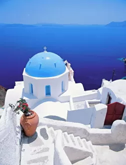 Stair Gallery: Church overlooking sea, Santorini, Cyclades, Greek Islands, Greece, Europe