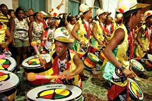 Entertainment Gallery: Drum band Olodum performing in Pelourinho during carnival, Bahia, Brazil, South America