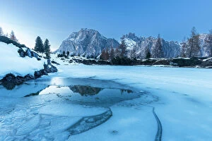South Tyrol Collection: Dusk on the frozen lake of Limides, Falzarego mountain pass, Dolomites, South Tyrol, Italy, Europe