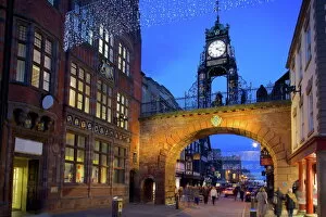 East Gate Clock at Christmas, Chester, Cheshire, England, United Kingdom, Europe
