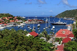 Elevated view of Fort Oscar, Anglican church and yachts in harbour, Gustavia, St. Barthelemy (St. Barts) (St)