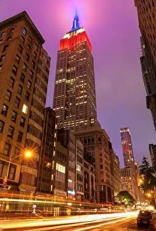 Empire State building at night, Fifth Avenue, traffic light trails, Manhattan, New York