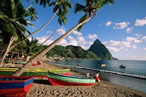 Multi Color Gallery: Fishing boats at Soufriere with the Pitons in the background