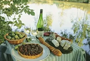 Bread Collection: Food and wine on a table beside the river Loire, France, Europe